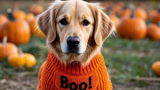 Golden Retriever dog wearing an orange Halloween sweater, posing adorably among vibrant pumpkins in a festive autumn patch