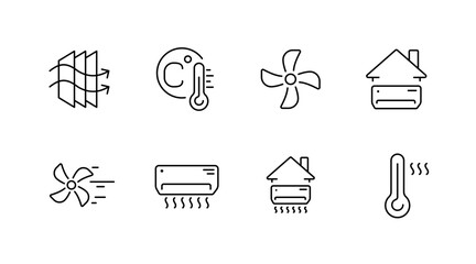 Hvac and climate control line icons set – outline, ventilation, cooling and heating symbols