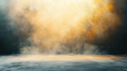 Abstract textured wall with warm golden and dark tones above a smooth reflective floor creating a mysterious atmospheric scene