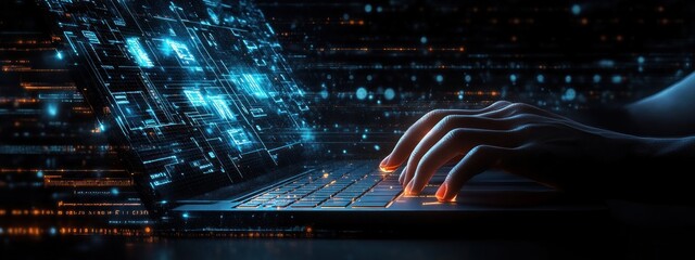 Close-up of hands typing on a laptop keyboard with digital data and glowing futuristic interface overlay in a dark environment expressing technology and cyber interaction