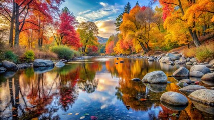 A colorful autumn forest reflects peacefully in a calm lake under a beautiful blue sky