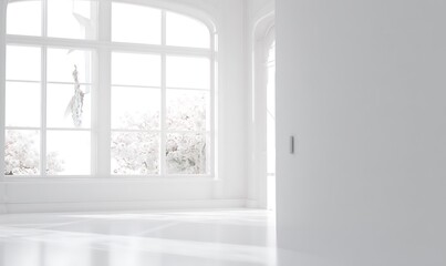 Minimalist bright white room with floral view
