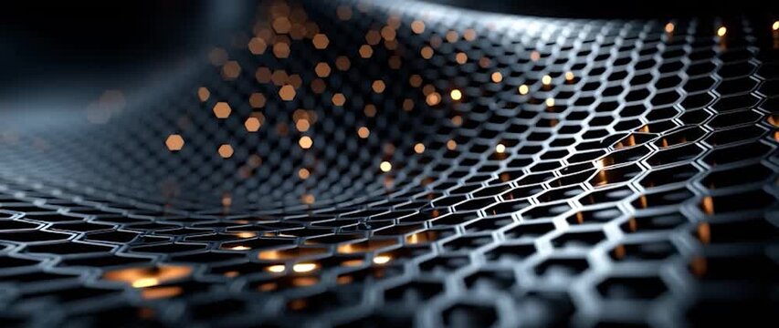 Anamorphic video futuristic hexagonal pattern with glowing particles and bokeh. Ideal for projects related to technology, science, data, computing, AI, and futuristic concepts