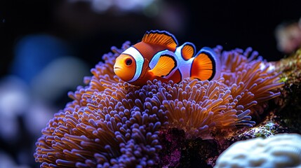 Vibrant Clownfish Nestled in a Glowing Purple-Tipped Sea Anemone