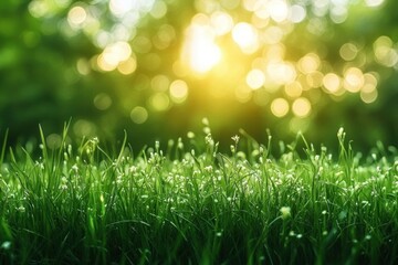 Obraz premium Close-up of green grass with small white flowers and sunlight shining through blurred trees creating a peaceful and fresh morning atmosphere