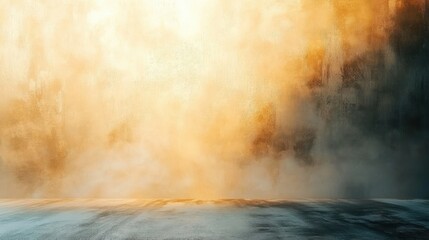 Abstract scene of fog or mist illuminated by warm, golden light above a textured, dark surface creating an ethereal atmosphere