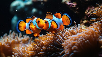 Luminous Clownfish Pair Nuzzling Amidst Vibrant Anemone Tentacles