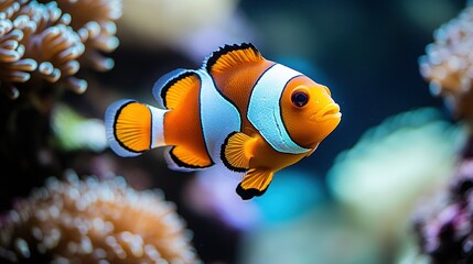 Vibrant Clownfish Portrait with Detailed Fins Against a Soft-Focus Anemone Reef