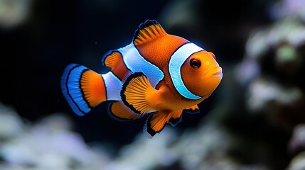 Sharp Portrait of a Vibrant Clownfish with Luminous Blue-Tinged Stripes