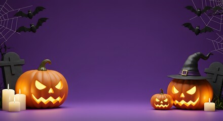 Halloween Scene: Jack-o'-lanterns, Bats, Spiderwebs, and Tombstones on Purple Background