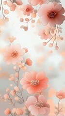 Fototapeta premium Delicate peach and pink flowers with soft petals and buds on slender stems against a light blurred background evoking calm and elegance