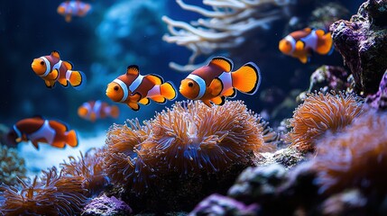 Vibrant Clownfish & Sea Anemones: Underwater Symphony of Orange and Blue