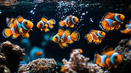 Brilliant Orange Clownfish School Swims in a Dark, Bubbling Marine Tank