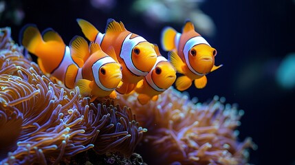A Vibrant Family of Clownfish Emerging from a Luminous Anemone Home