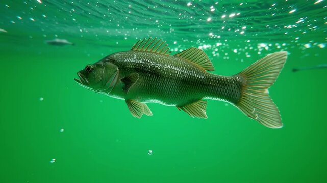 A large mouth bass swims in green water with sunlight reflecting on the surface above it green screen animal video