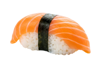 Close-up of a salmon nigiri sushi piece.