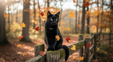 A black cat sitting on a mossy fence with autumn leaves falling in a blurred forest background scene