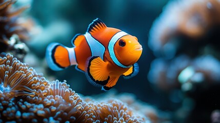 Vibrant Clownfish Navigates Coral Reef with Soft Blue and Orange Hues