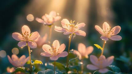 Glistening Pink Anemones in the Magical Glow of a Forest Sunrise