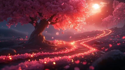 Mystical Path of Glowing Petals Under a Radiant Cherry Blossom Tree