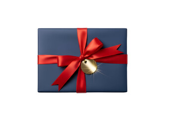 Gift box with red ribbon and golden tag.