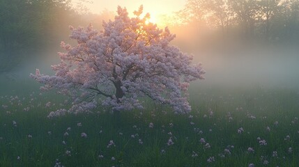 Misty Dawn: Blossoming Tree Bathed in Golden Sunlight, Serene Meadow Scene.