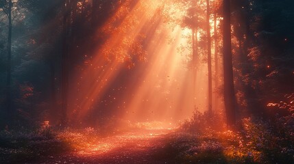 Fiery Sunbeams Pierce a Misty Forest, Illuminating a Path with Magical Embers.