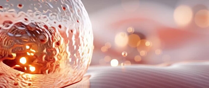 Anamorphic video microscopic view of cells on a textured surface. Perfect for themes biology, medicine, cellular research, stem cells, microbiology, and scientific innovation.