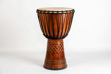 Brown Wooden Djembe African Tribal Drum Angled View