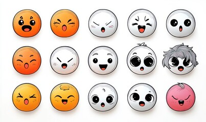 Obraz premium Fifteen circular emoji faces in a grid with various joyful, surprised, and playful expressions in orange, white, and pink colors on a white background