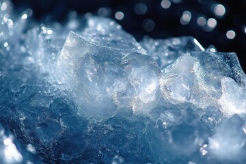Obraz premium Close-up view of translucent ice crystals illuminated with blue light creating a cold and sparkling texture