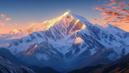 Majestic snow-covered mountain range illuminated by warm golden light at sunrise with clear sky and scattered clouds