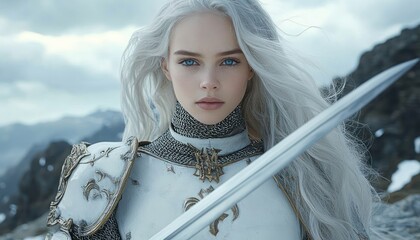 young woman with long white hair wearing ornate silver armor holding a sword with a snowy mountainous background showing a serious and determined expression