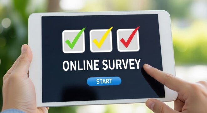 Start online survey on tablet, engaging with digital feedback for data collection and customer satisfaction.