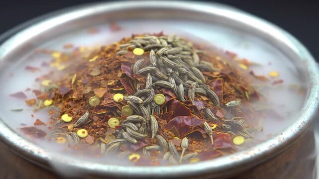 Close up of spices including chili flakes and cumin seeds in a metal bowl with smoke