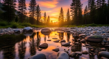 Fototapeta premium Golden Hour Mountain Creek with Vibrant Sunset Reflection