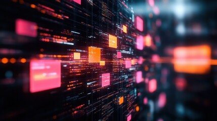 Abstract digital data visualization with glowing orange and pink squares and lines representing information flow in a futuristic matrix pattern