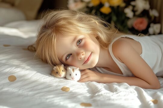 Young girl lying on bed with two small hamsters, smiling gently and looking content in soft natural light with blurred flowers in the background