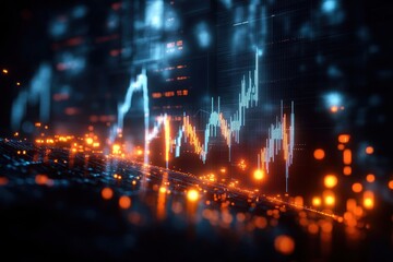 Abstract digital financial data visualization with glowing orange and blue graphs and light effects on dark background expressing dynamic market fluctuations