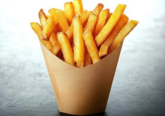 crispy golden french fries in a brown paper container on a dark surface