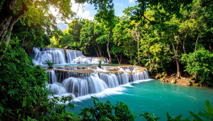 Lush waterfall cascading through tropical forest