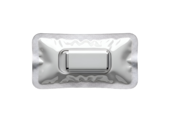Blank white rectangular blister pack on black background.