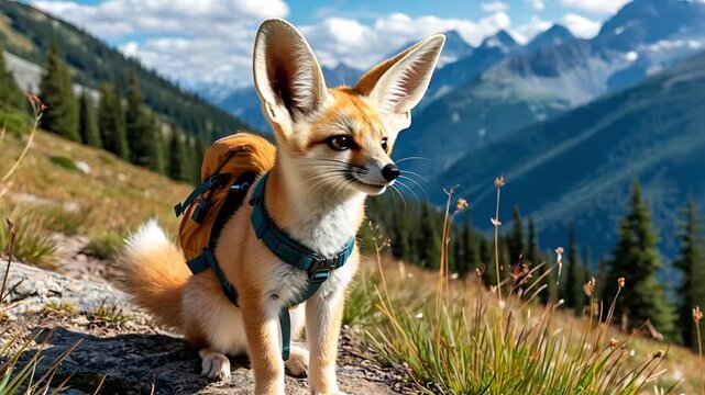 Fennec fox wearing a backpack sits in a mountain meadow, soaking in the breathtaking view of the stunning landscape around