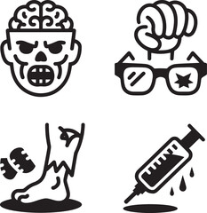 Naklejka premium Four stylized black and white zombie icons in a silhouette style representing a brain a severed head with glasses a decaying leg and a bloody syringe