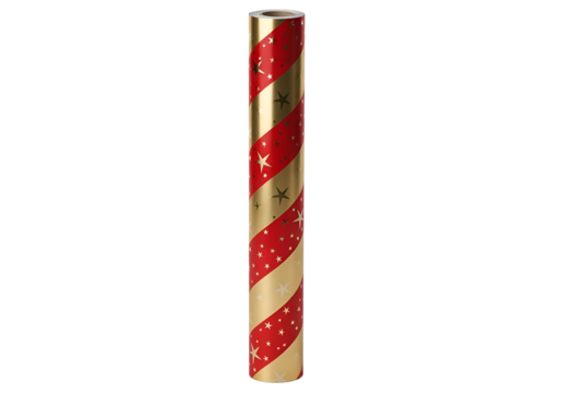 Rolled wrapping paper with red and gold stripes and stars.