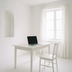 Minimalist home office setup in a bright all-white room with a laptop on a wooden table. Clean and simple workspace for focus and productivity.
