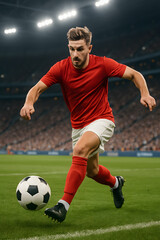 Professional male soccer player in a red uniform dribbling the ball with determination during a championship match in a crowded stadium.