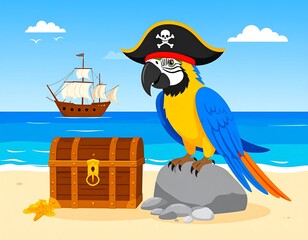 Parrot pirate on beach with treasure chest and ship