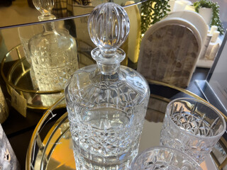 Crystal Decanter Set on Gold Tray with Stone Decor Elements