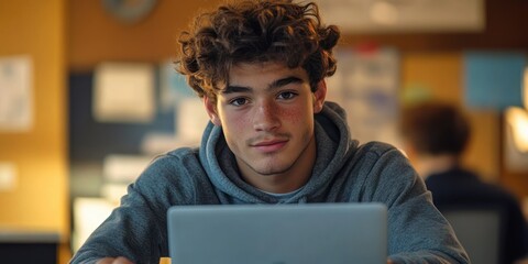 young man with curly hair and freckles wearing a hoodie sitting in front of a laptop with a thoughtful and calm expression indoors